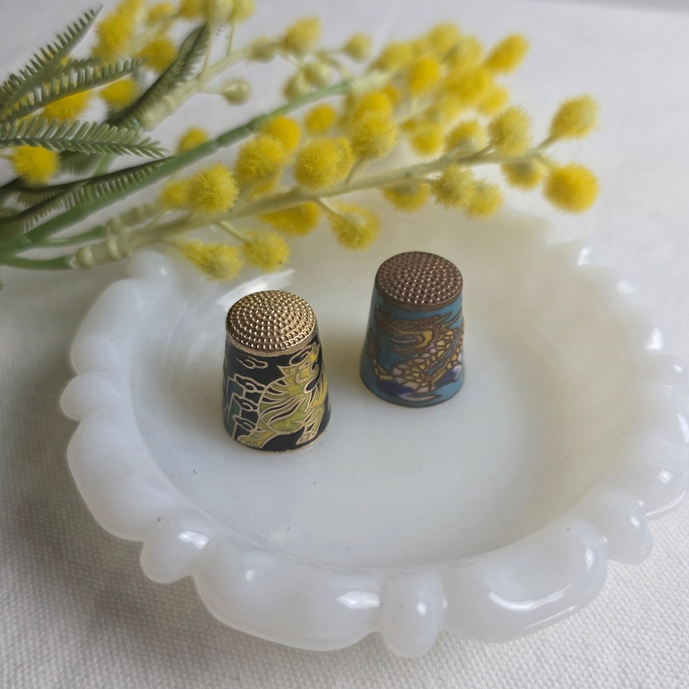 Vintage Cloisonne Enamel Thimbles Set Dragon and Tiger Chinese Collectibles